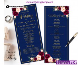 Navy Burgundy Wedding Program tea length template,Navy Wedding Order of Service template, (147w)